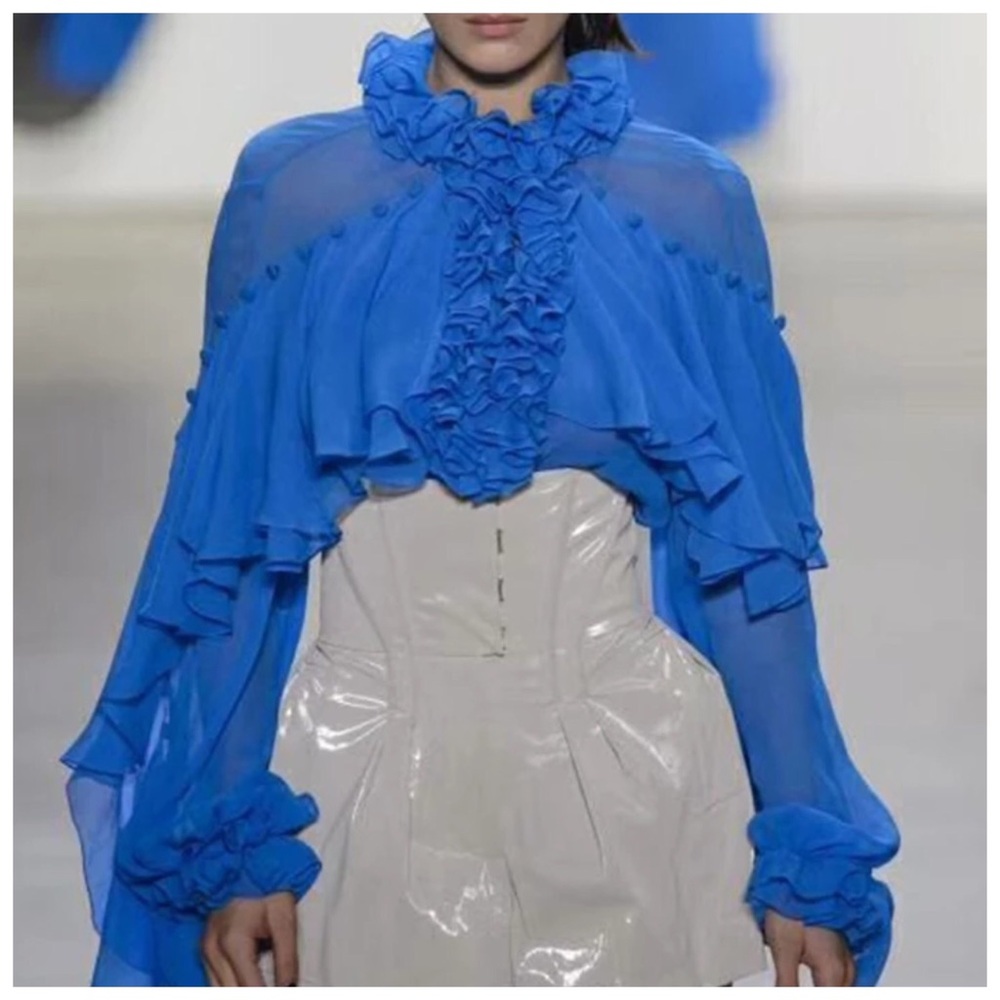 Gorgeous Blue & Black Ruffle Sheer Top - Picture 2 of 8